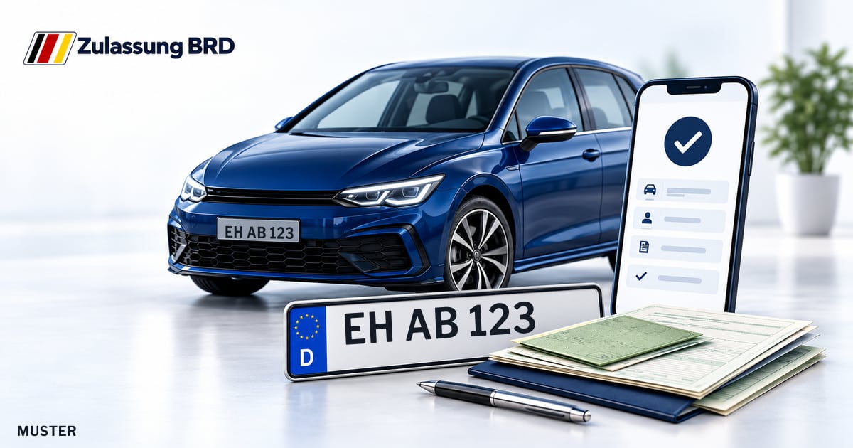 Online Fahrzeugzulassung in Landkreis Oder-Spree: Musterkennzeichen EH AB 123, Auto und Fahrzeugpapiere und Smartphone. Illustration mit Logo von Zulassung BRD.